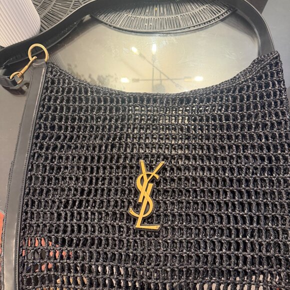YSL Saint Laurent Black Macramé Shoulder Tote Bag with Gold Logo - Picture 1 of 3